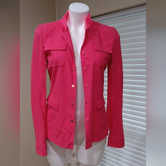 ELIE TAHARI $298 Neon Pink Embroidered Eyelet Ribbon Collar Jacket Top Size 6 - Picture 4 of 9